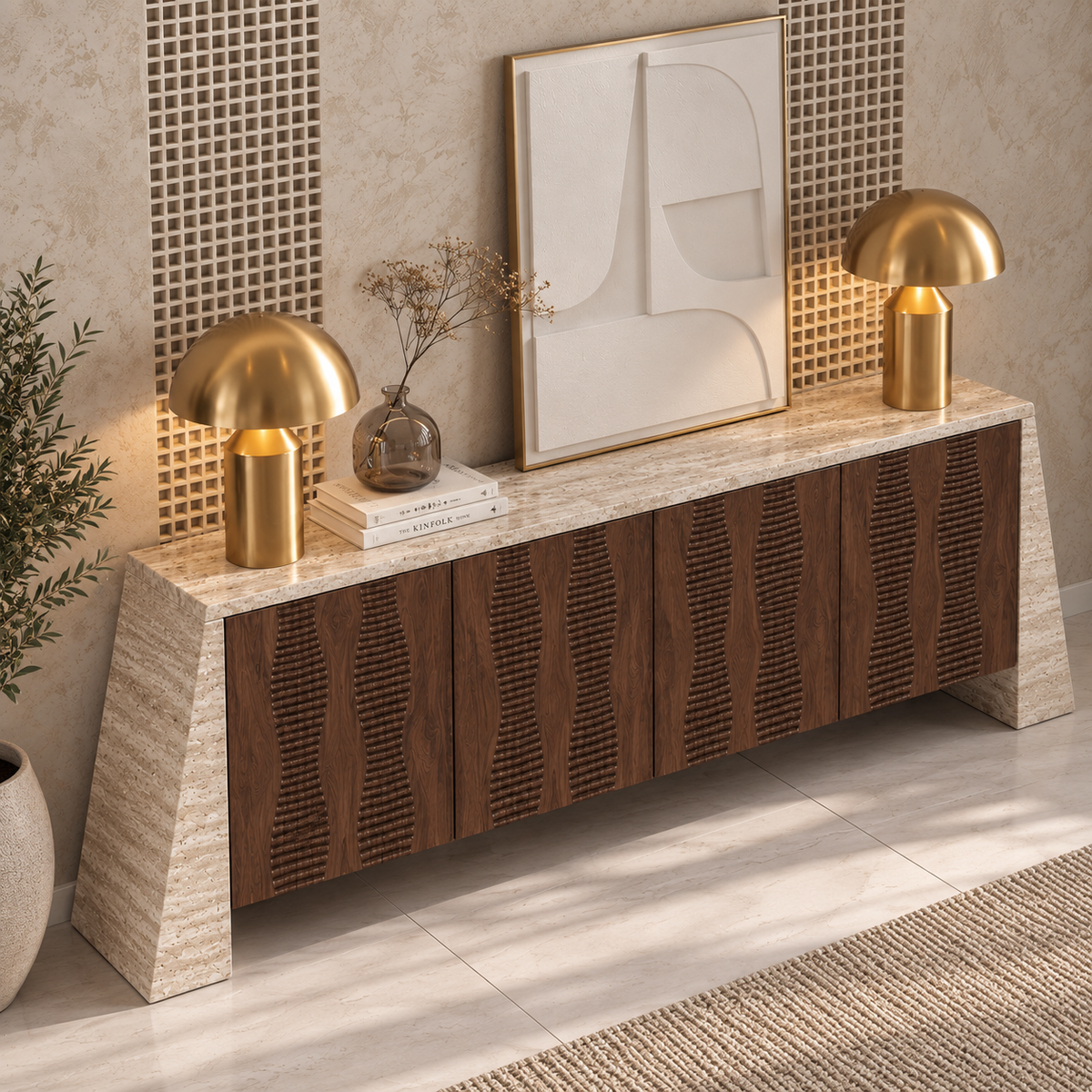 Avery Marble and Wood 4 Door Sideboard