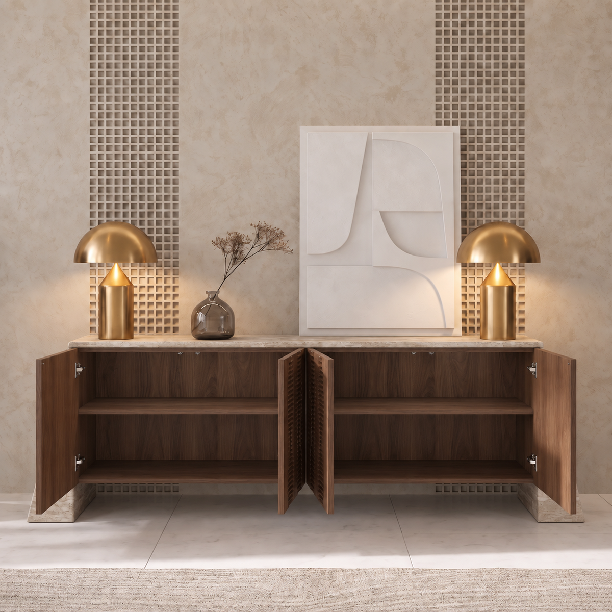 Avery Marble and Wood 4 Door Sideboard