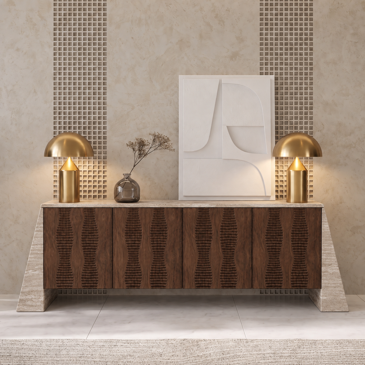Avery Marble and Wood 4 Door Sideboard