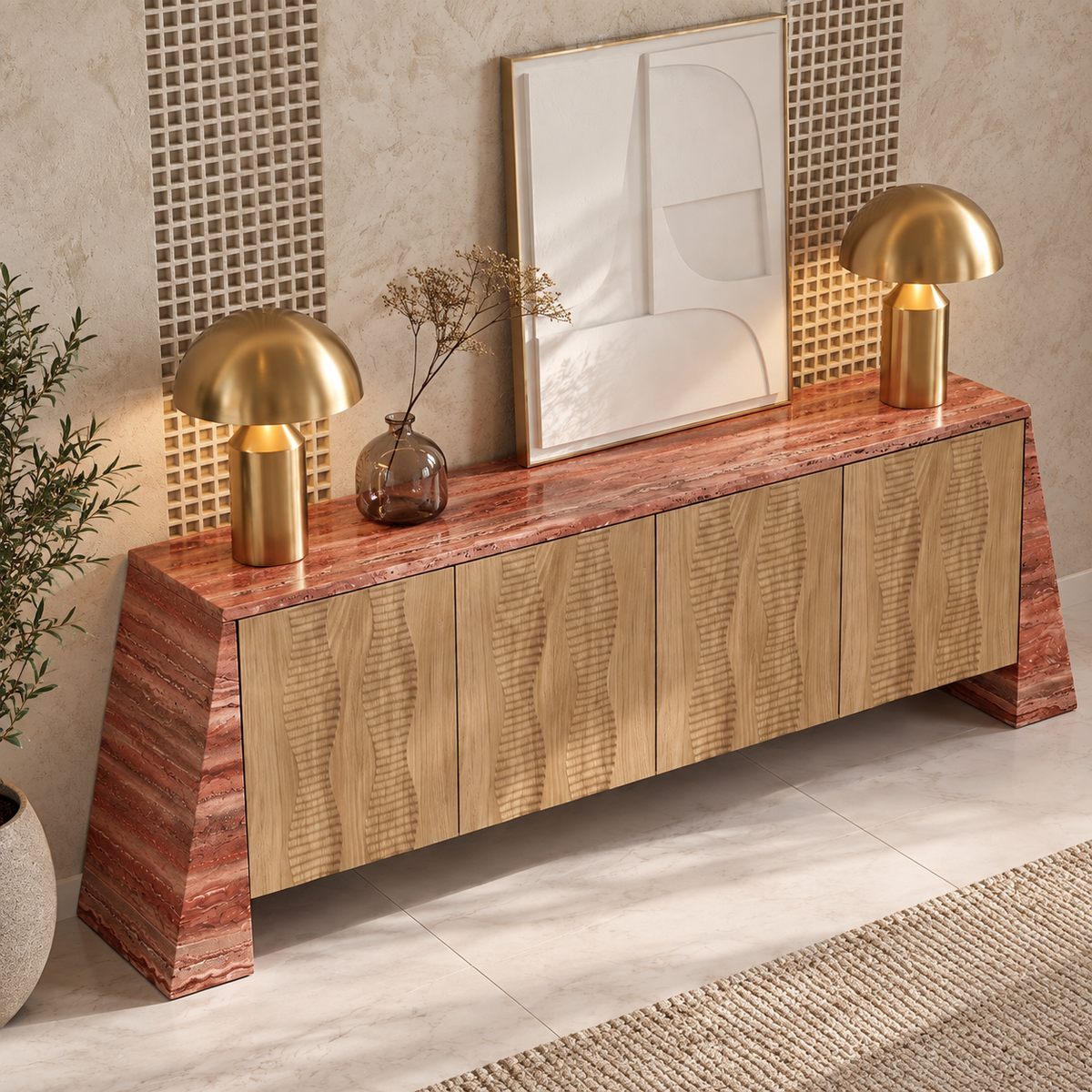 Avery Marble and Wood 4 Door Sideboard