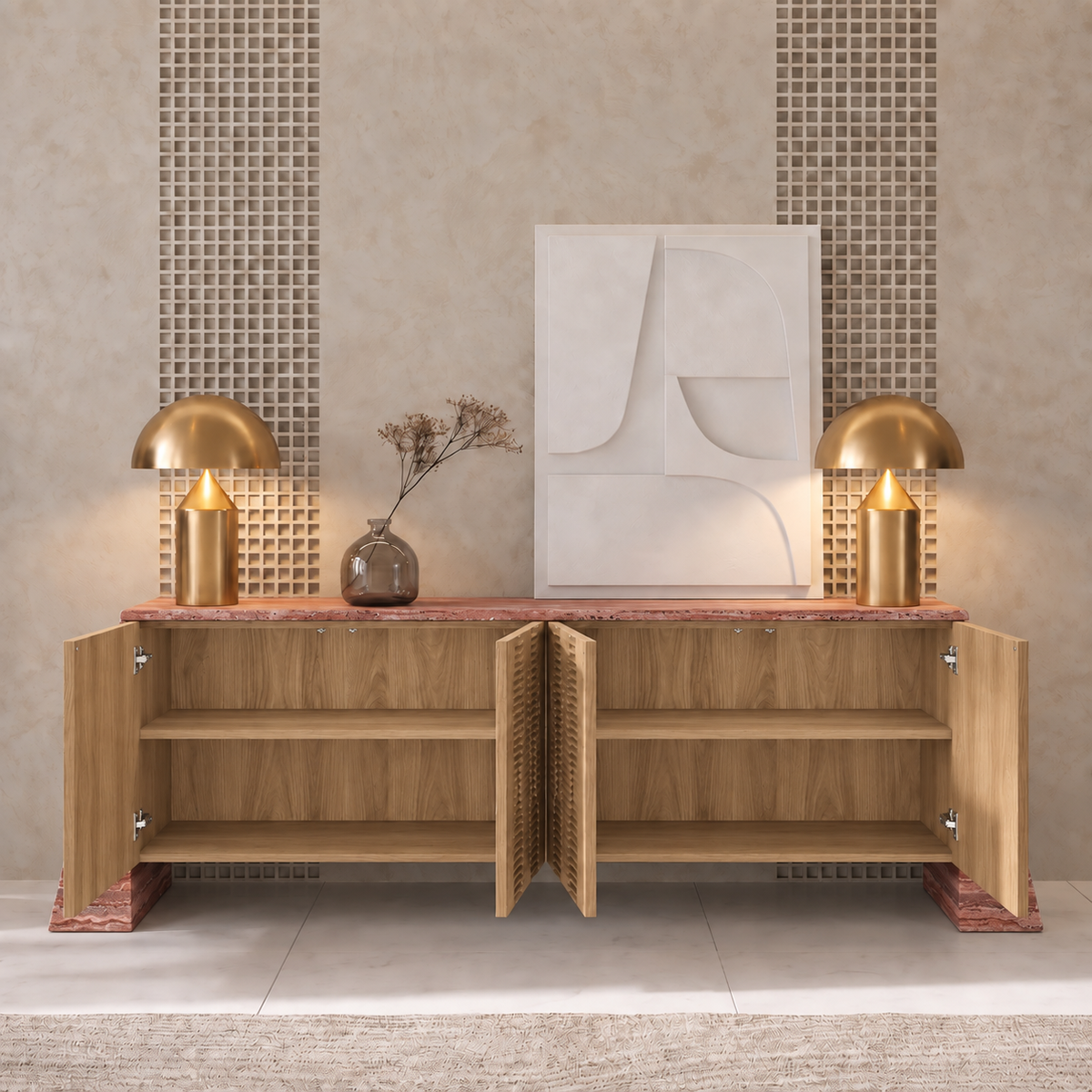 Avery Marble and Wood 4 Door Sideboard
