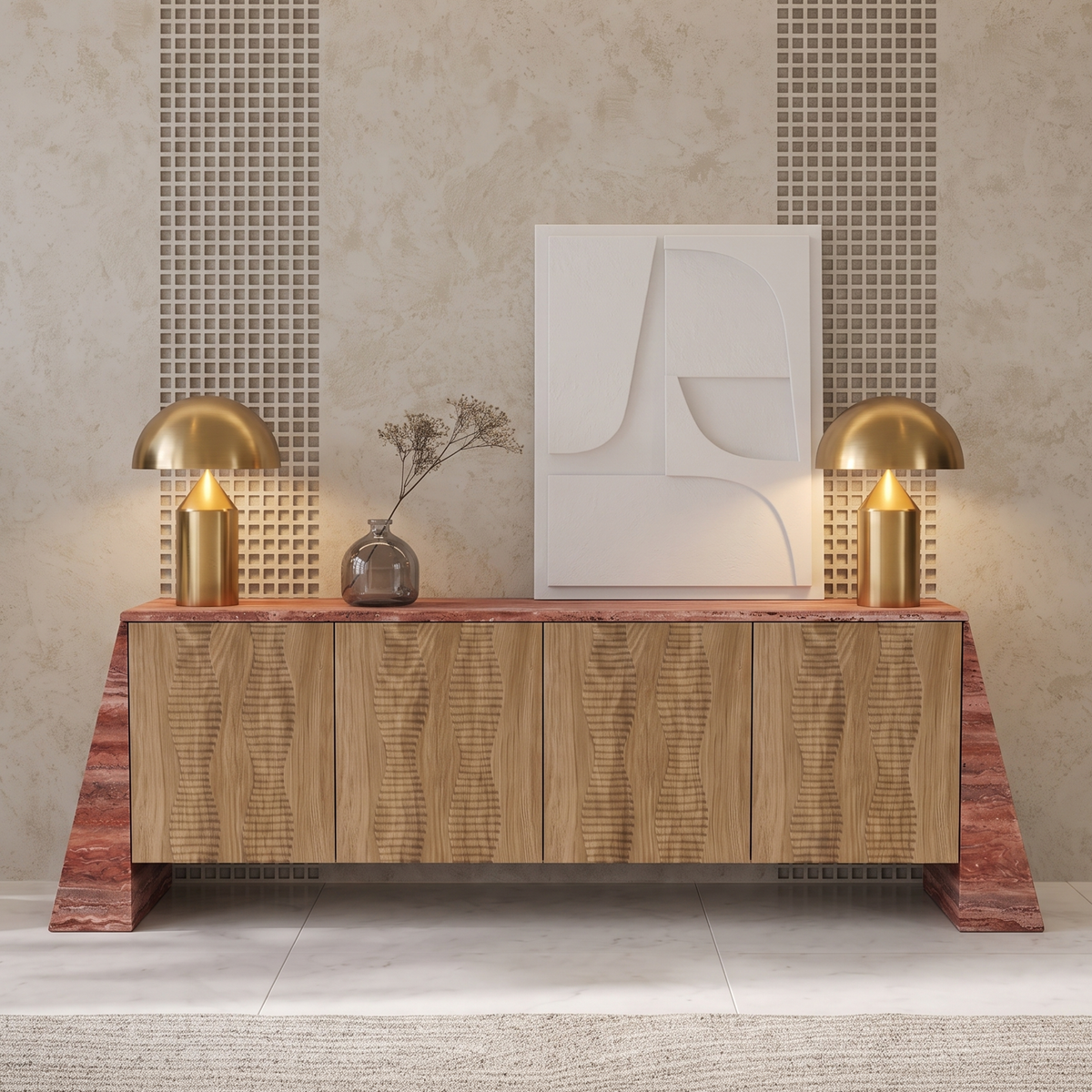 Avery Marble and Wood 4 Door Sideboard