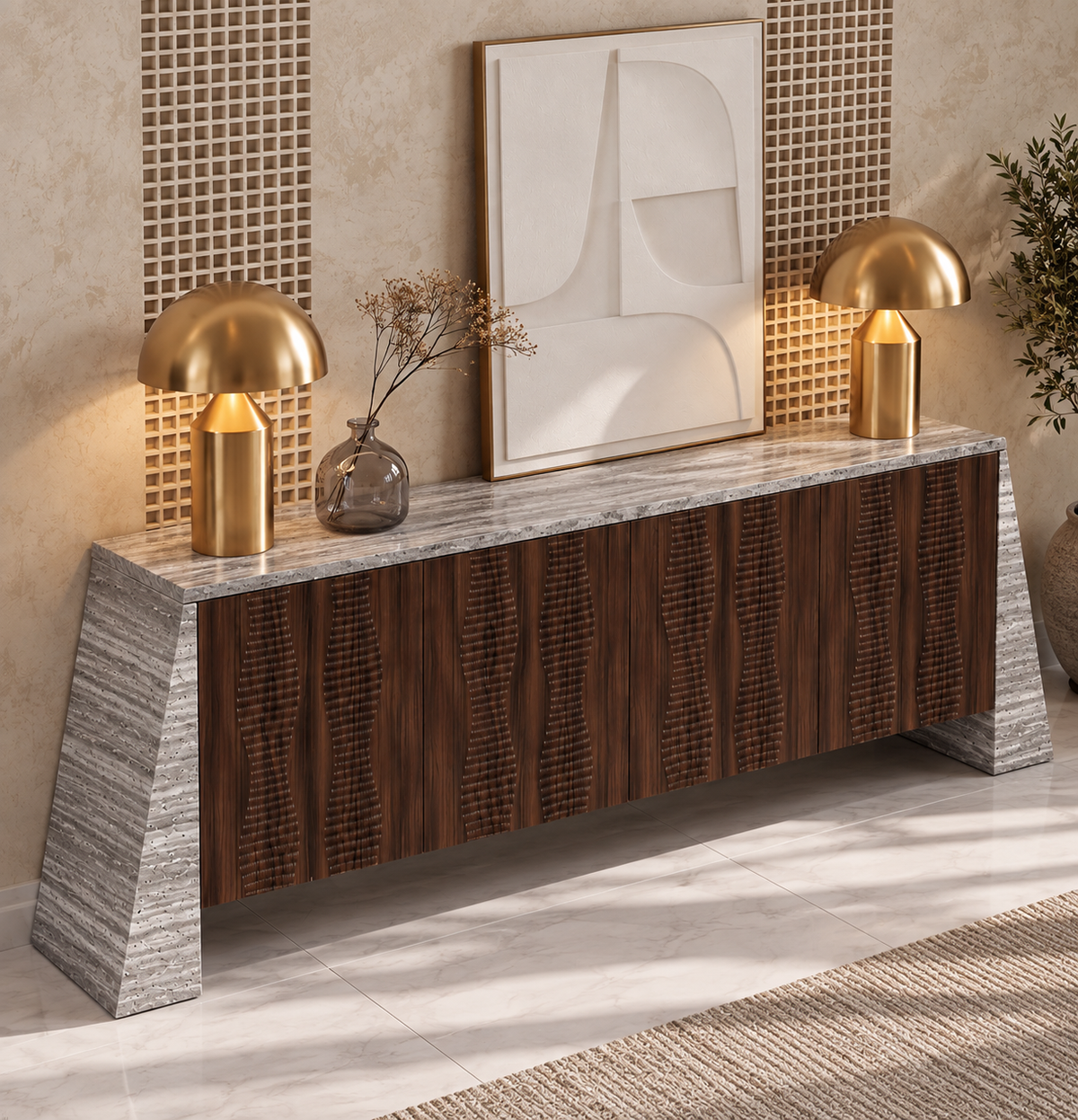 Avery Marble and Wood 4 Door Sideboard