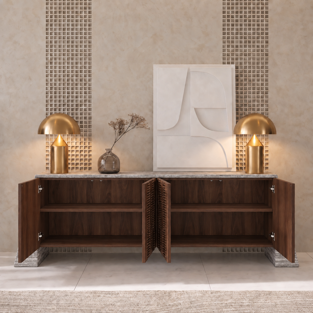 Avery Marble and Wood 4 Door Sideboard