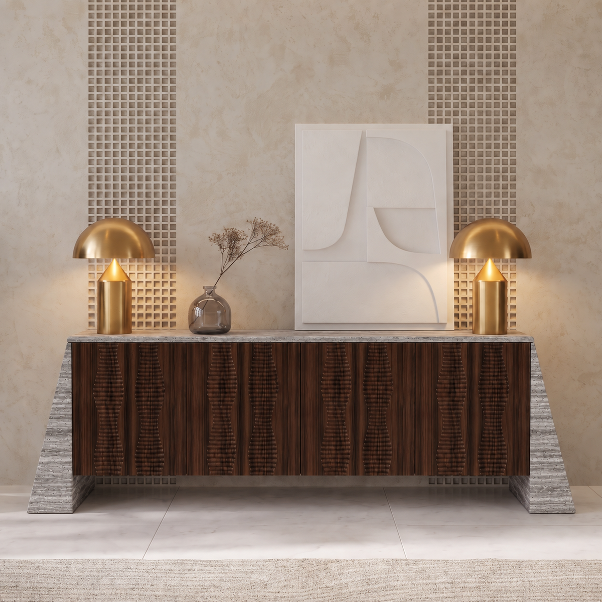 Avery Marble and Wood 4 Door Sideboard
