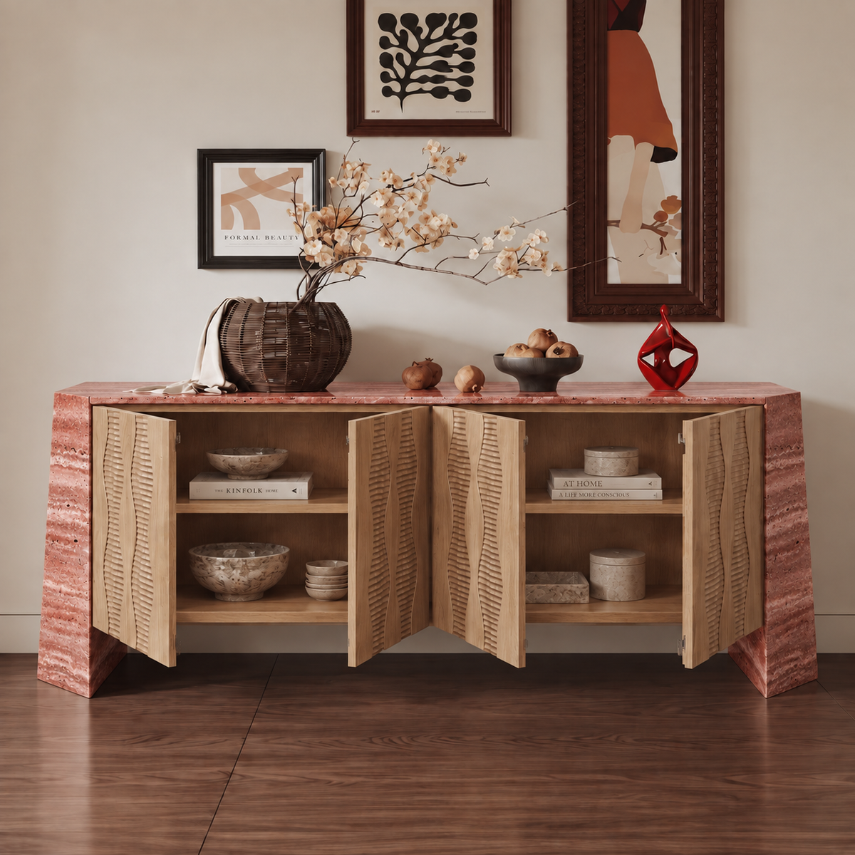 Harper Marble and Wood 4 Door Sideboard