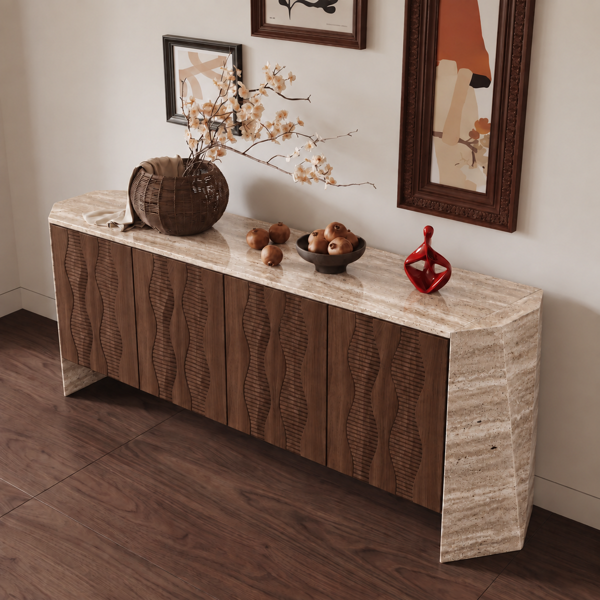 Harper Marble and Wood 4 Door Sideboard