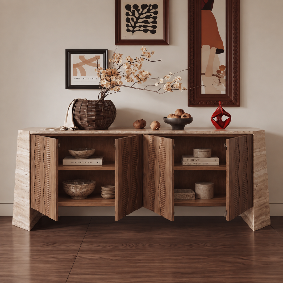 Harper Marble and Wood 4 Door Sideboard