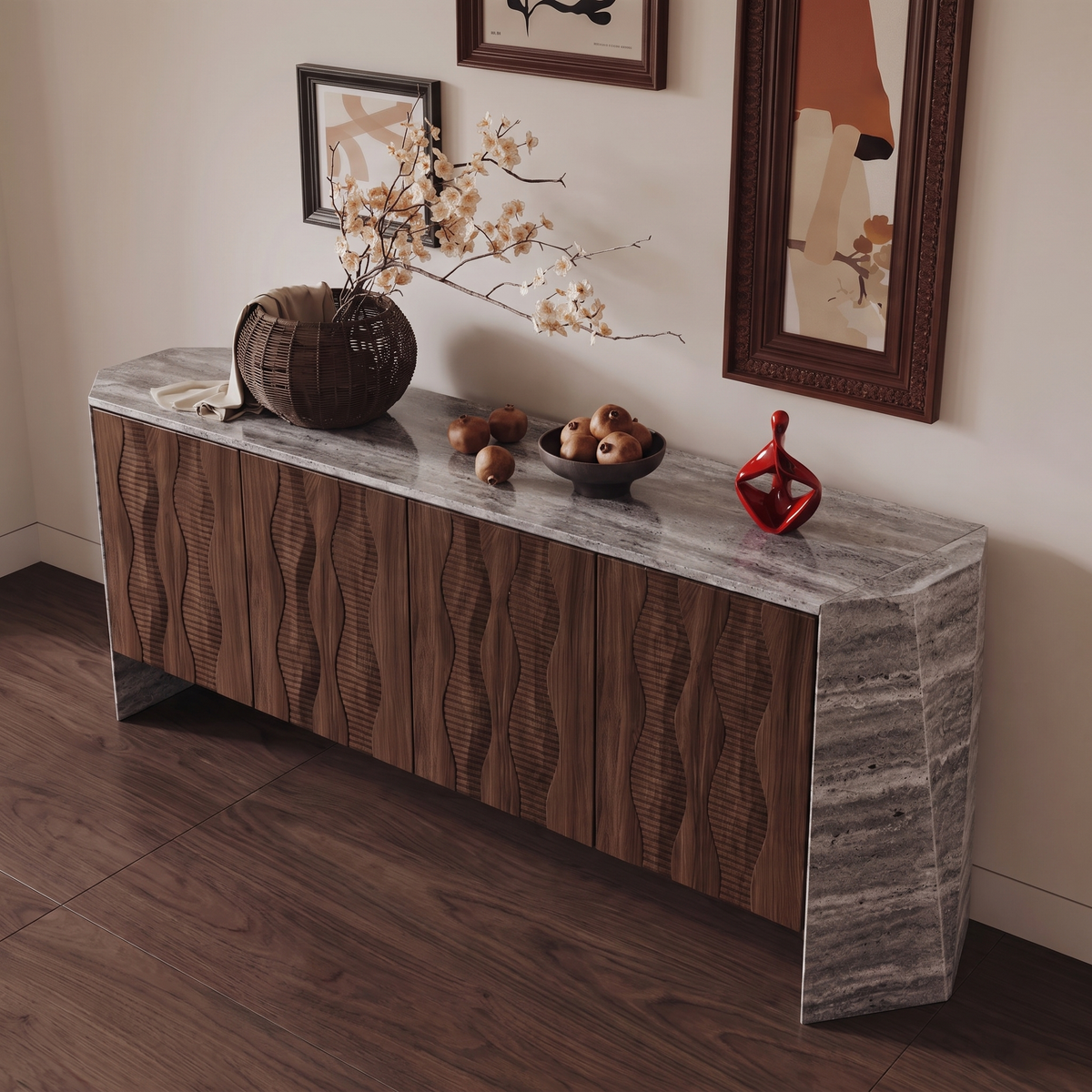 Harper Marble and Wood 4 Door Sideboard
