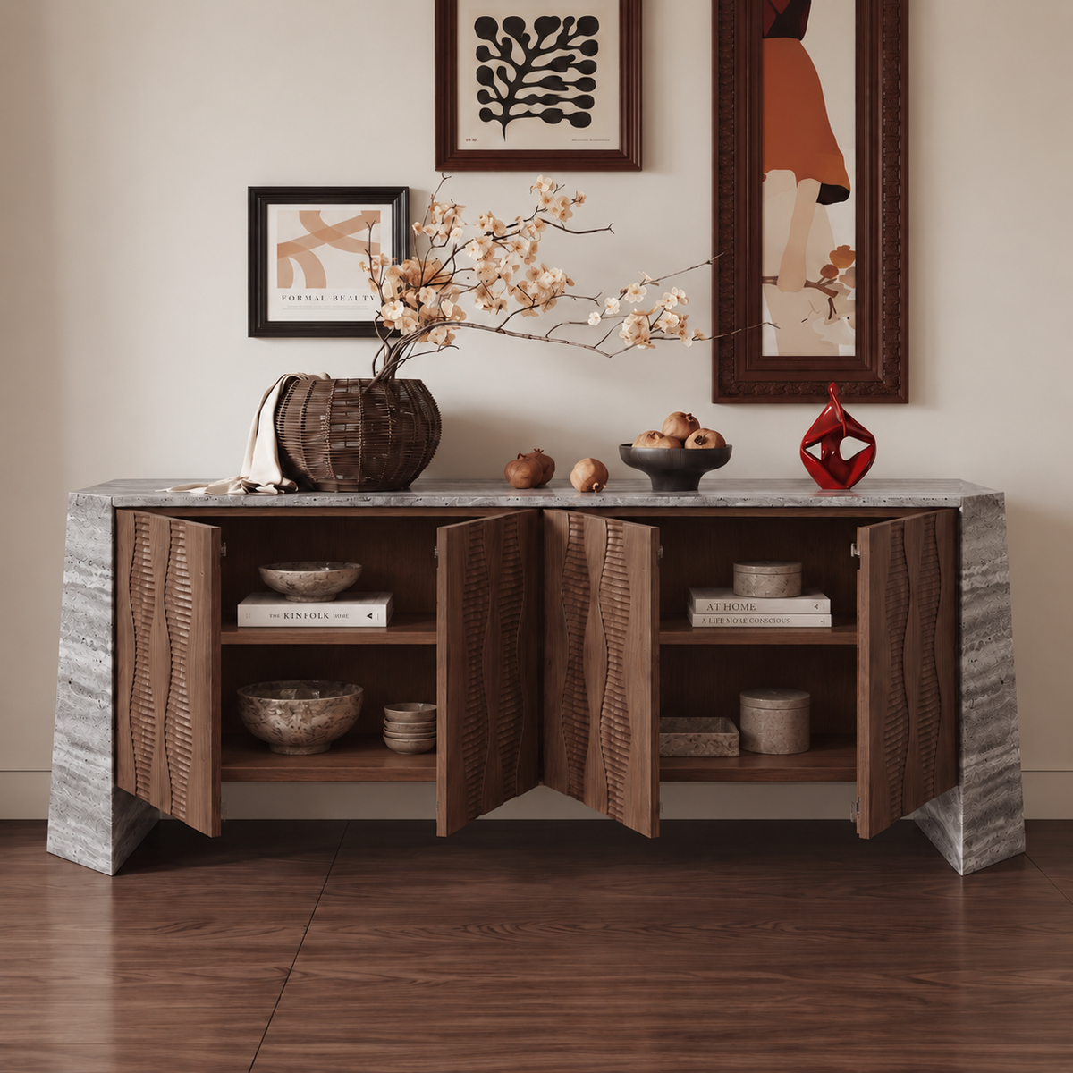 Harper Marble and Wood 4 Door Sideboard