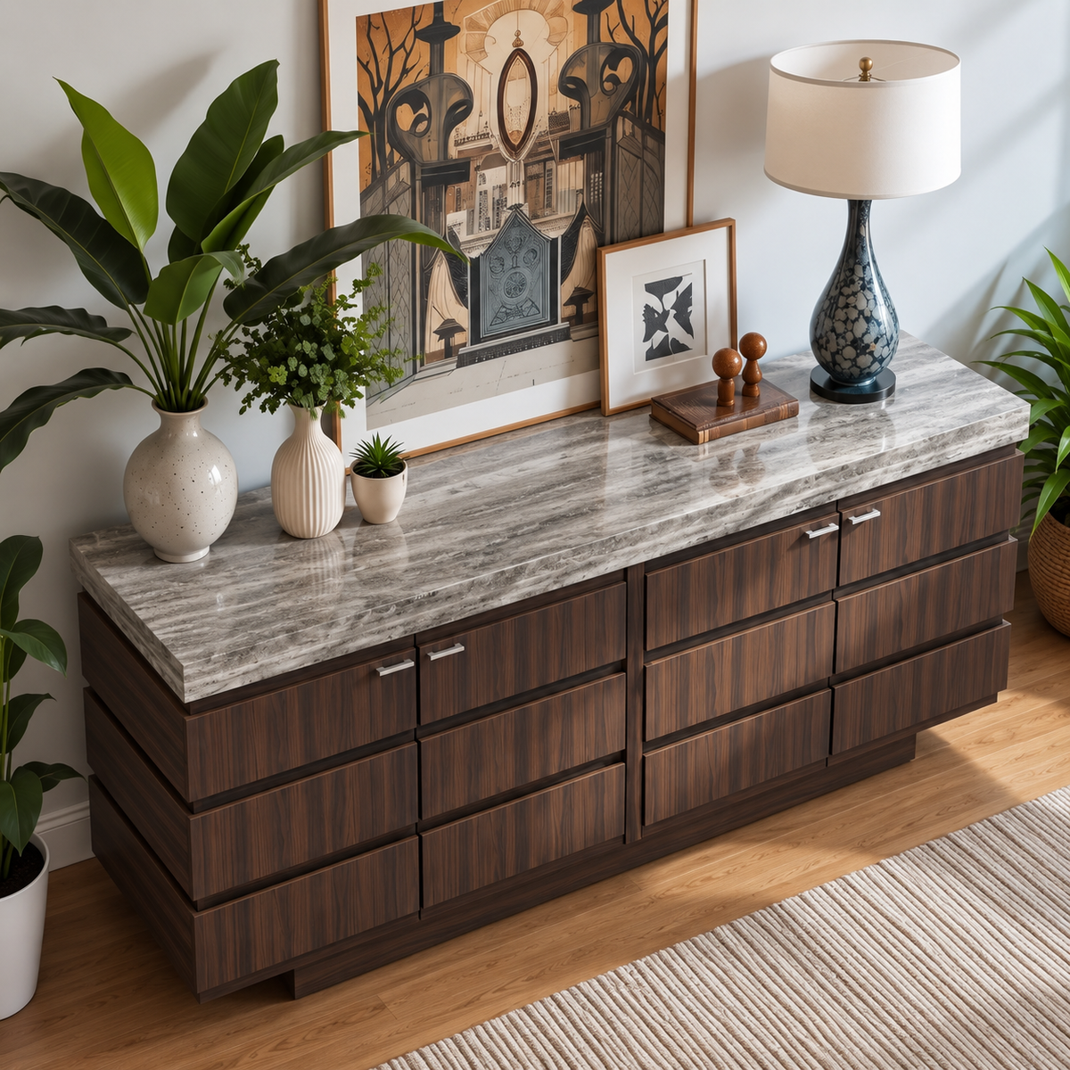Blake Marble and Wood 8 Drawer Sideboard