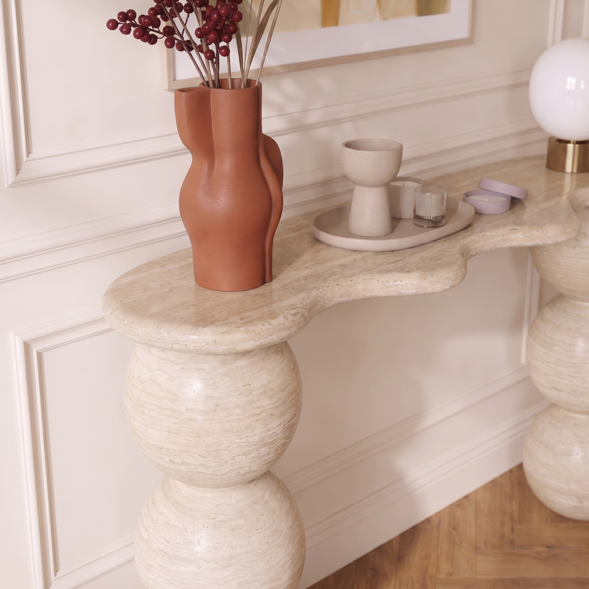 Sage Ball Pedestal Marble Console Table