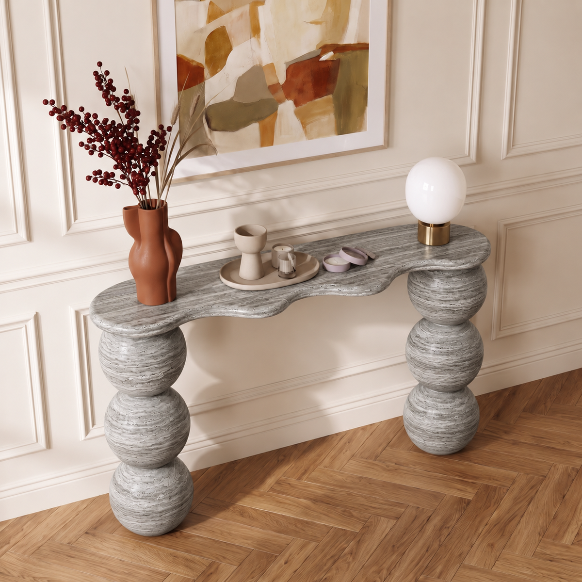 Sage Ball Pedestal Marble Console Table