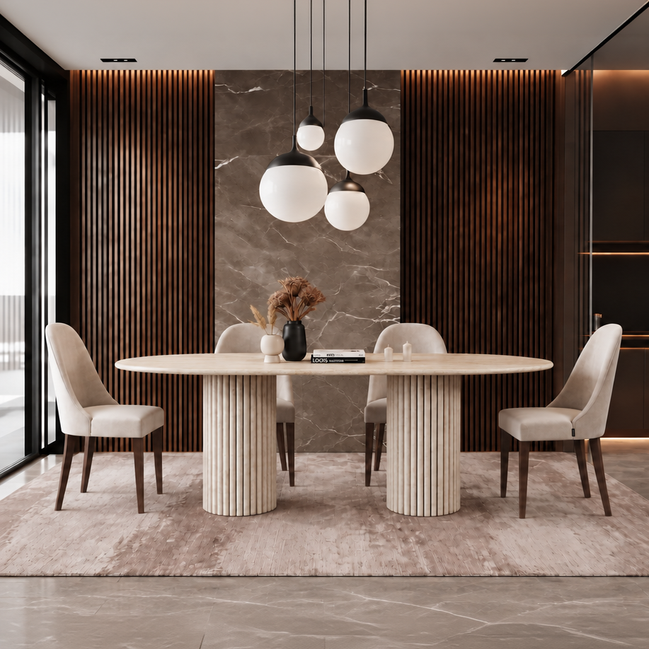 Rio Twin Fluted Pedestal Marble Dining Table
