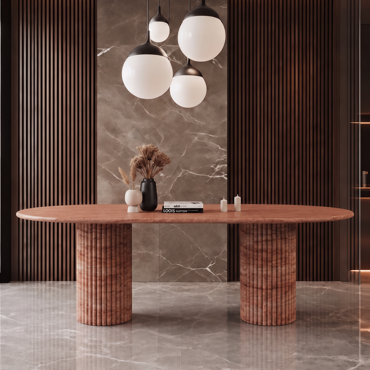 Rio Twin Fluted Pedestal Marble Dining Table