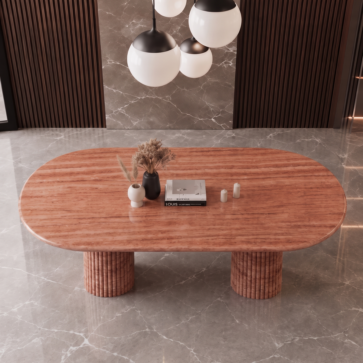 Rio Twin Fluted Pedestal Marble Dining Table