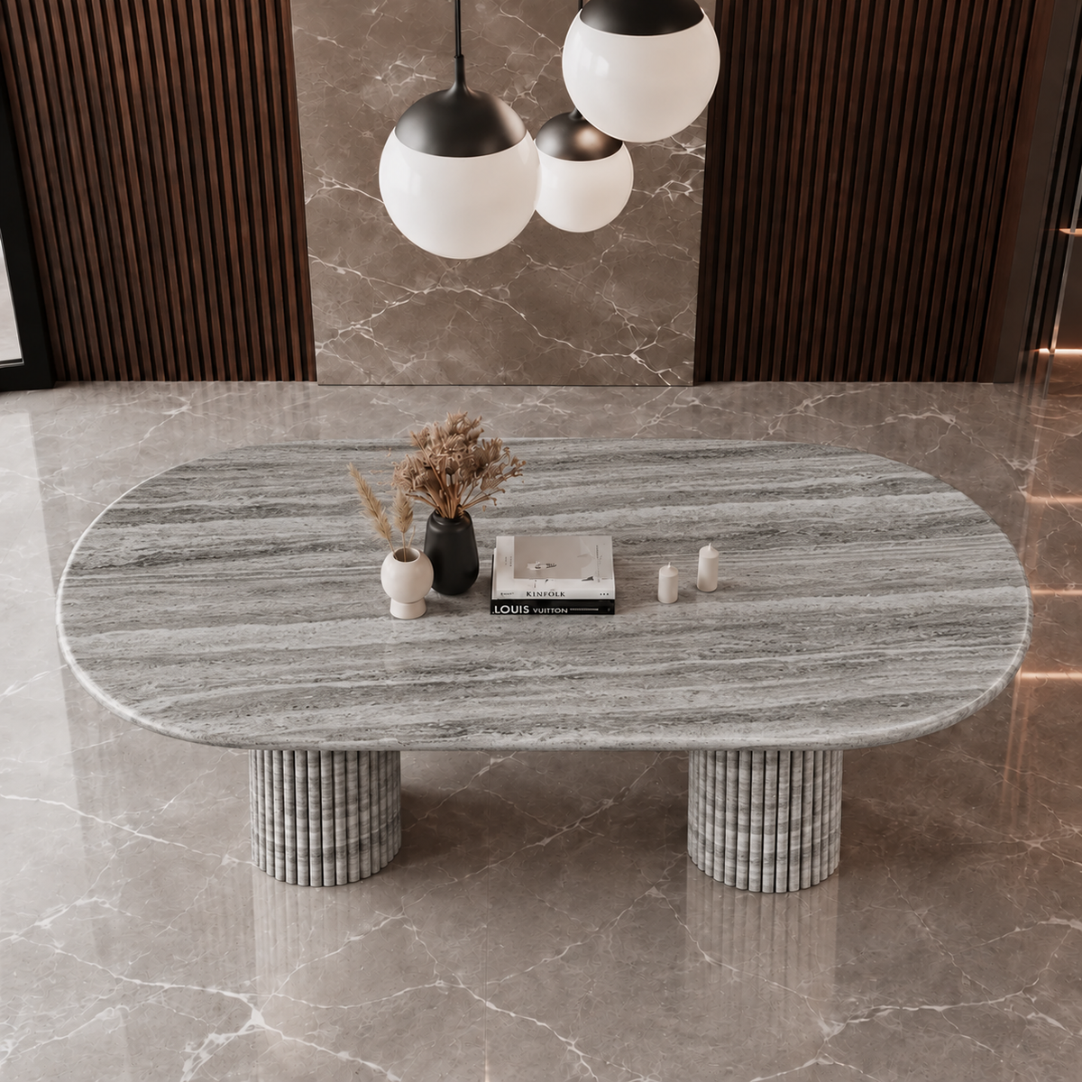 Rio Twin Fluted Pedestal Marble Dining Table