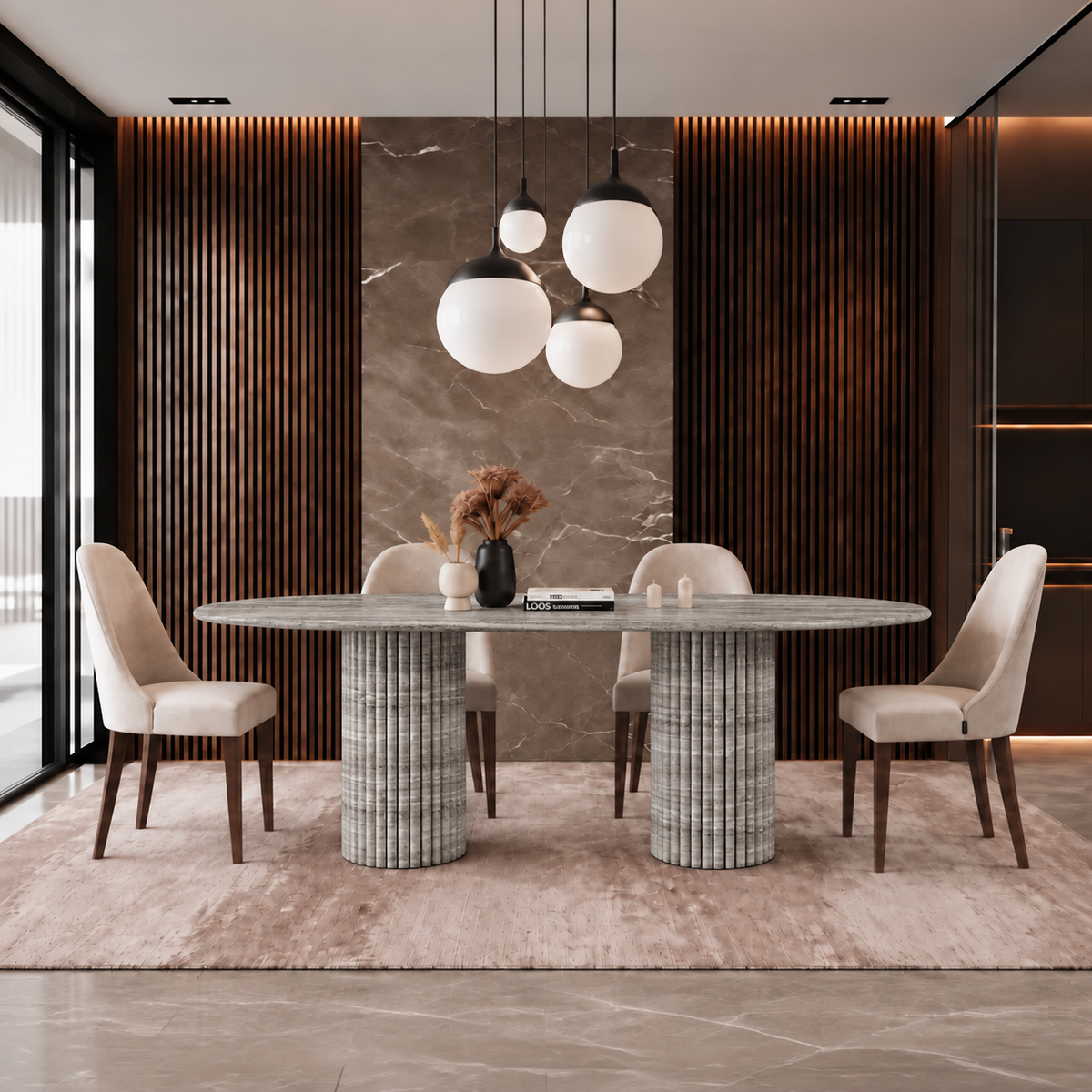Rio Twin Fluted Pedestal Marble Dining Table