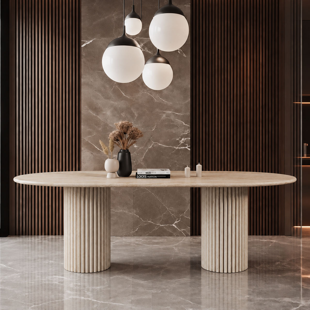 Rio Twin Fluted Pedestal Marble Dining Table