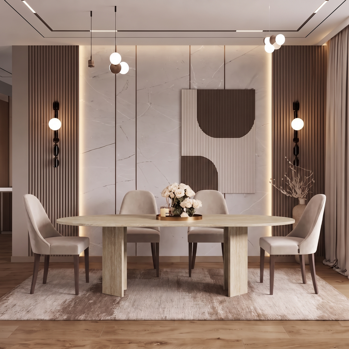Luna Fluted Pedestal Marble Dining Table