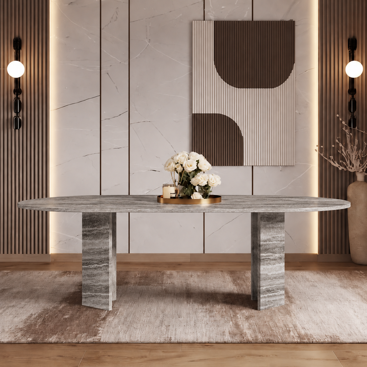 Luna Fluted Pedestal Marble Dining Table