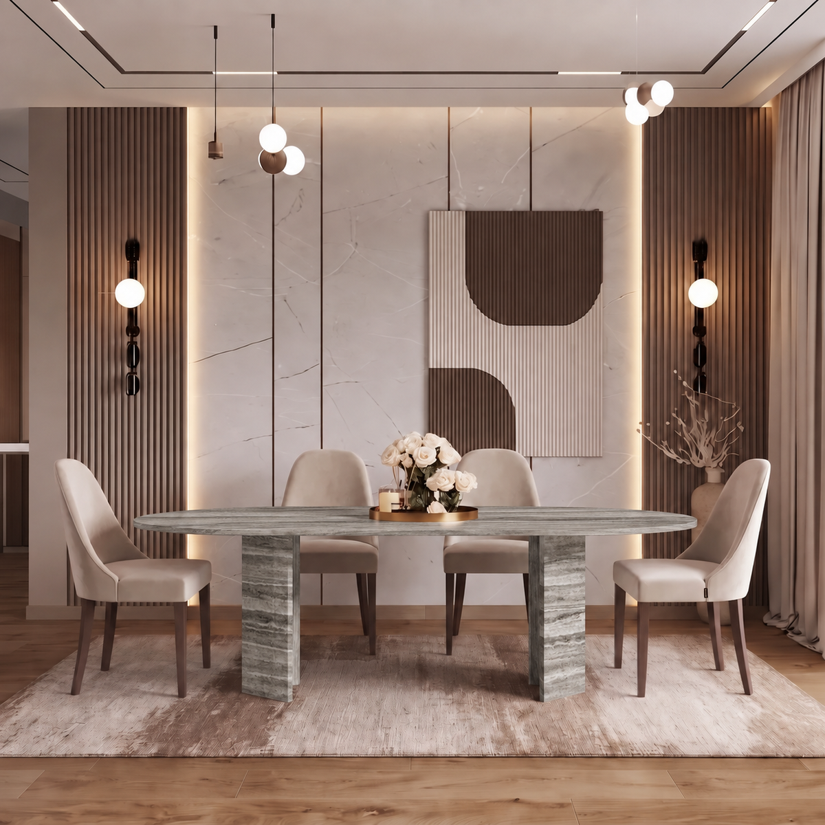Luna Fluted Pedestal Marble Dining Table