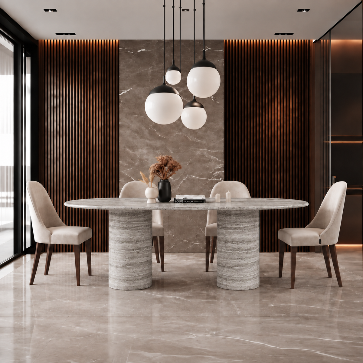 Noah Twin Cylinder Marble Dining Table