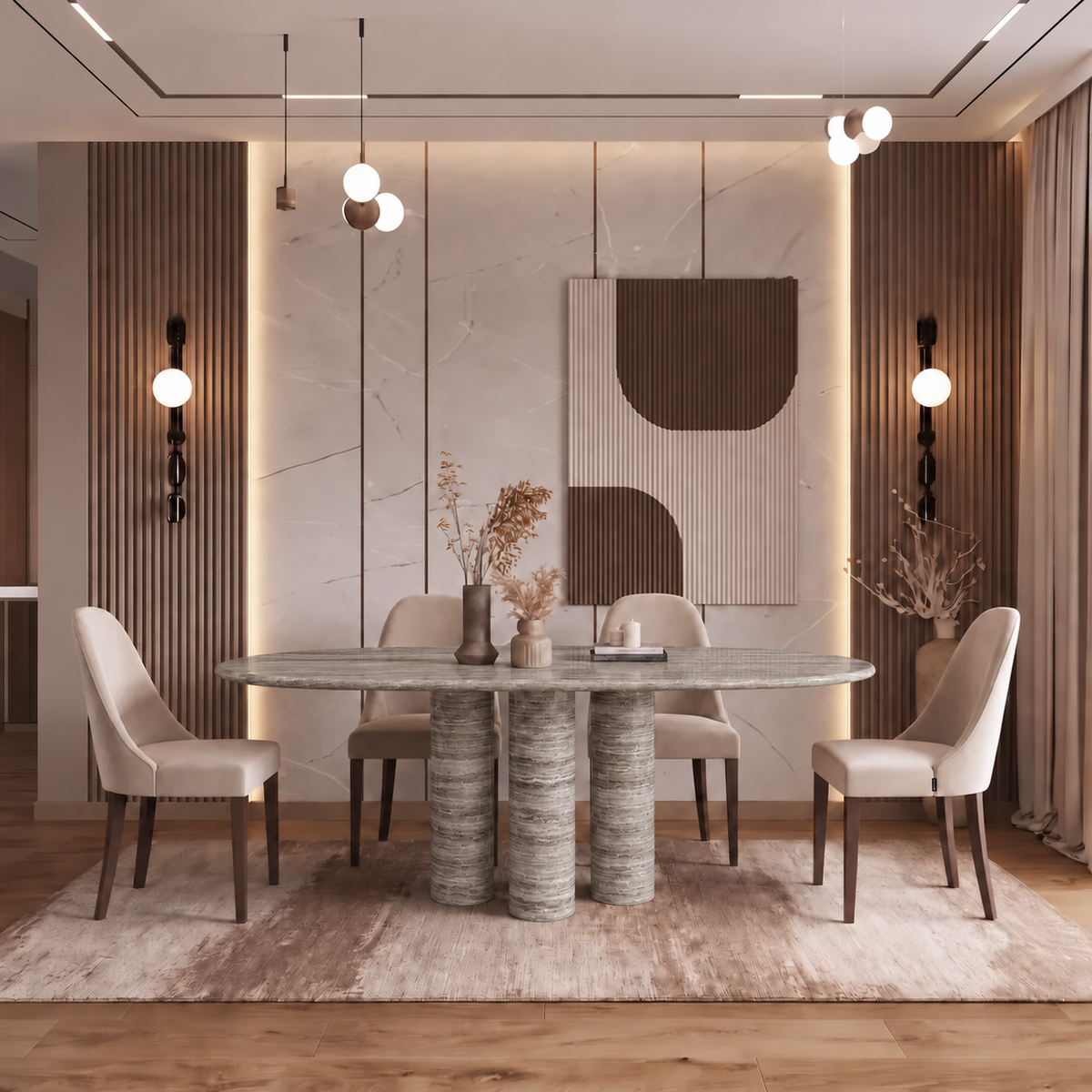 Nova Triple Pedestal Marble Dining Table