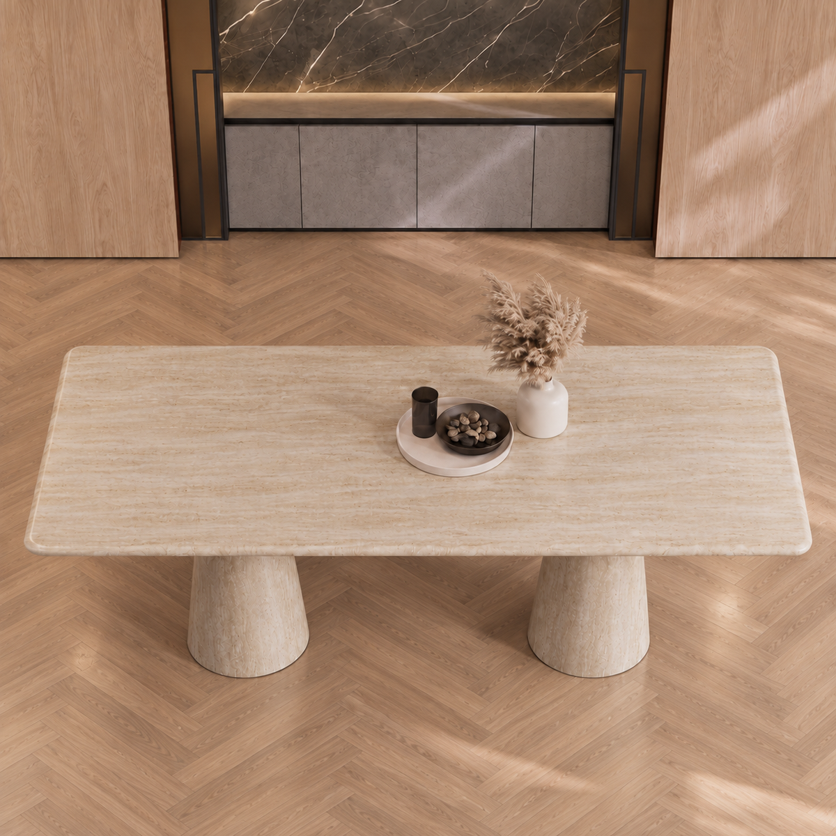 Liam Twin Tapered Pedestal Marble Dining Table