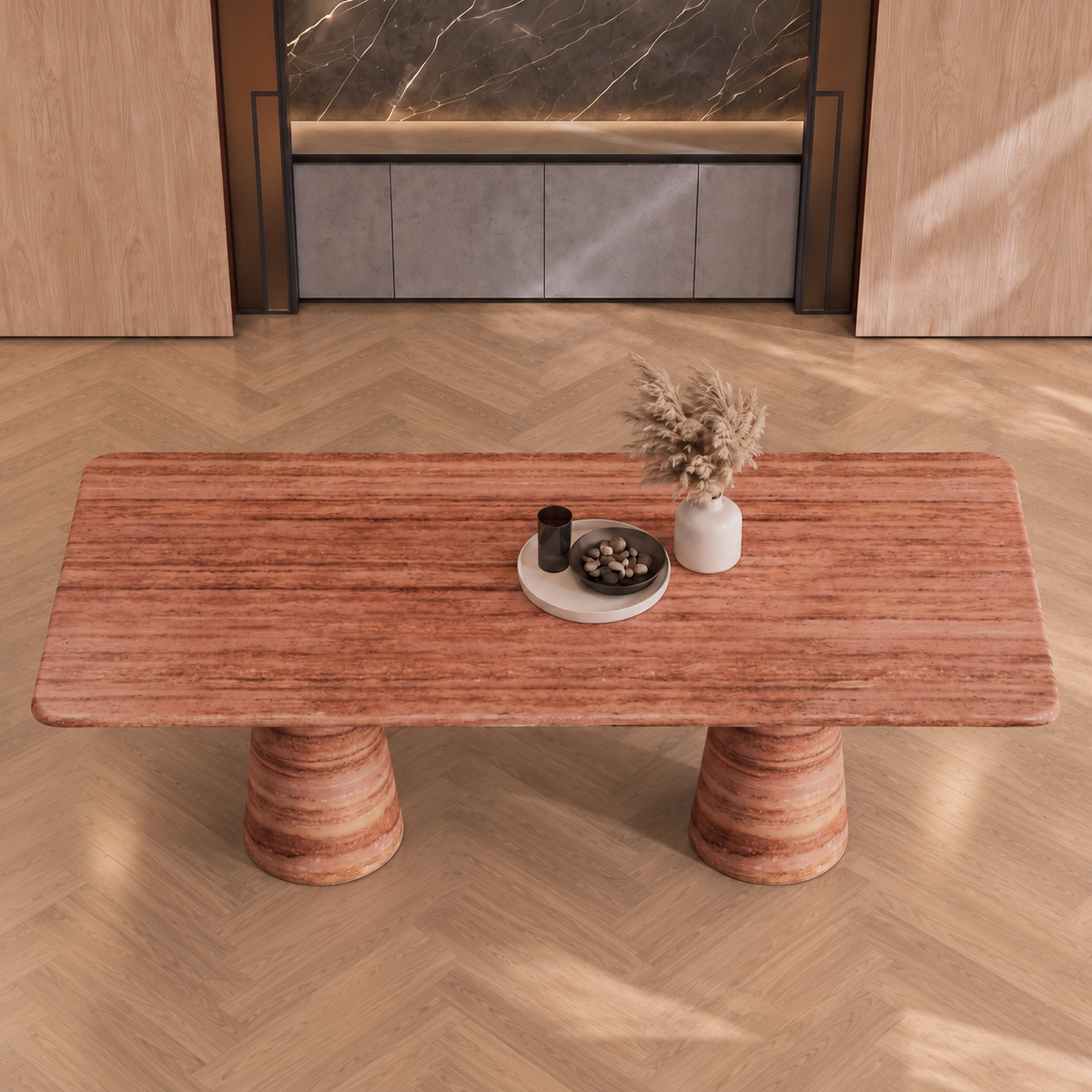 Liam Twin Tapered Pedestal Marble Dining Table