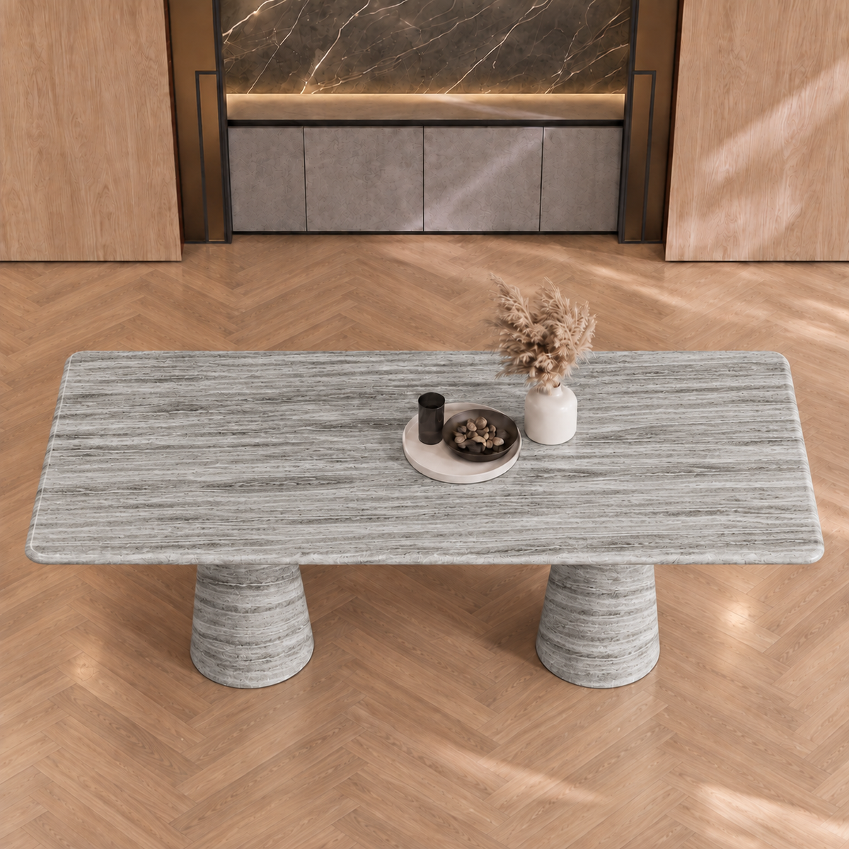 Liam Twin Tapered Pedestal Marble Dining Table