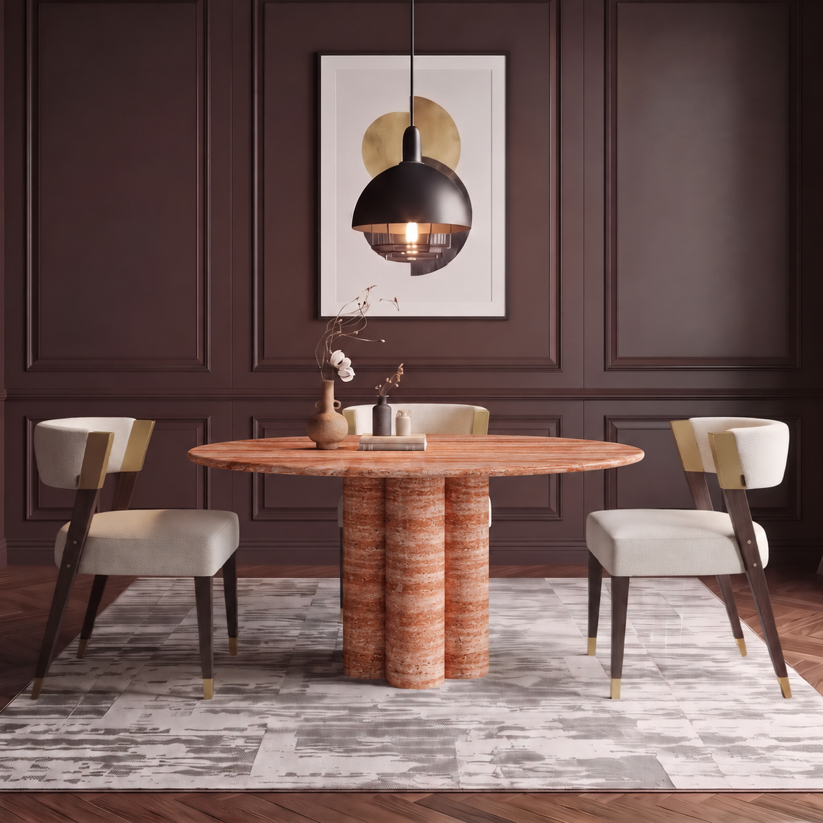 Maya Triple Pedestal Marble Dining Table
