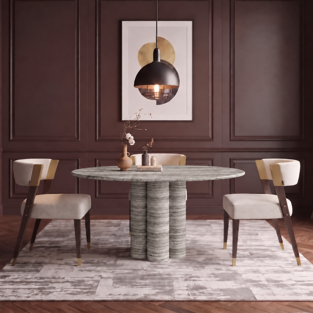Maya Triple Pedestal Marble Dining Table