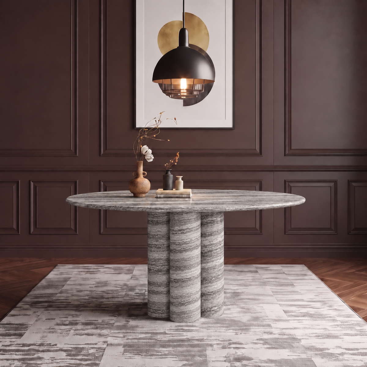 Maya Triple Pedestal Marble Dining Table